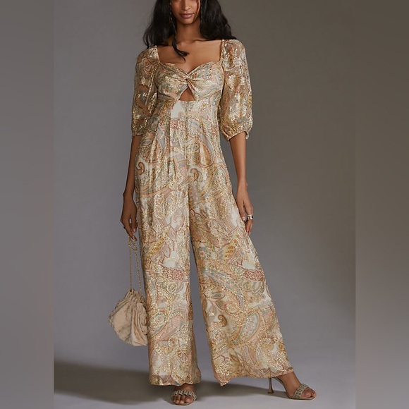 Anthropologie Ranna Gill Metallic Gold Paisley Jumpsuit Small - Picture 2 of 13